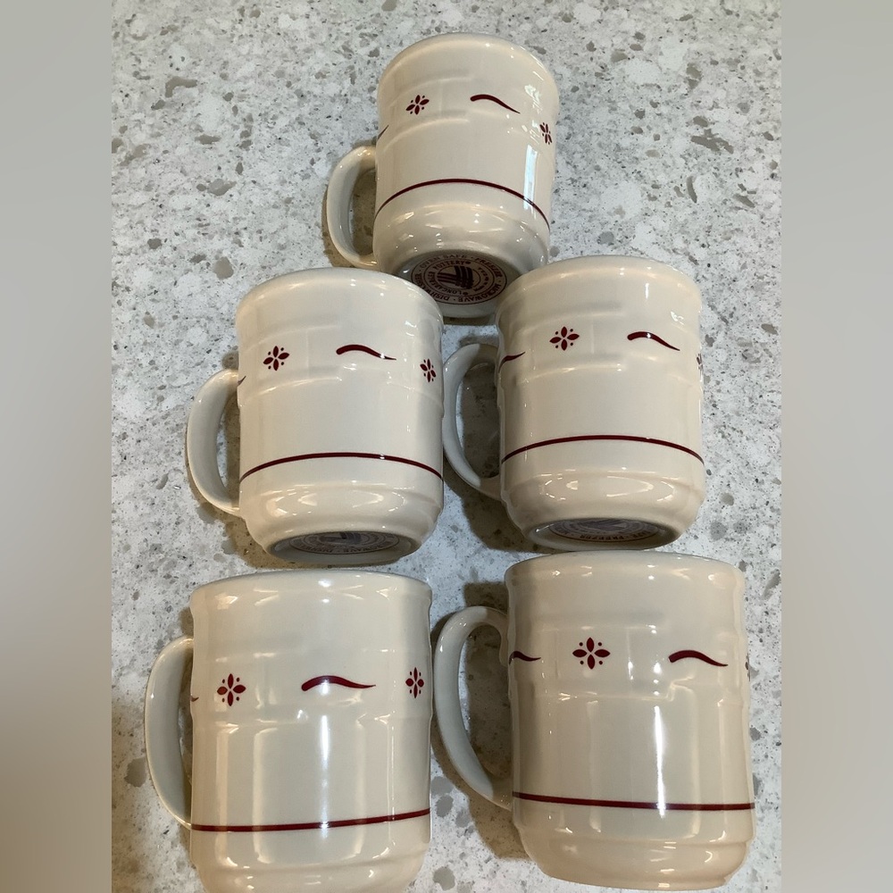 Longaberger Cream and Red Ceramic Mugs Set